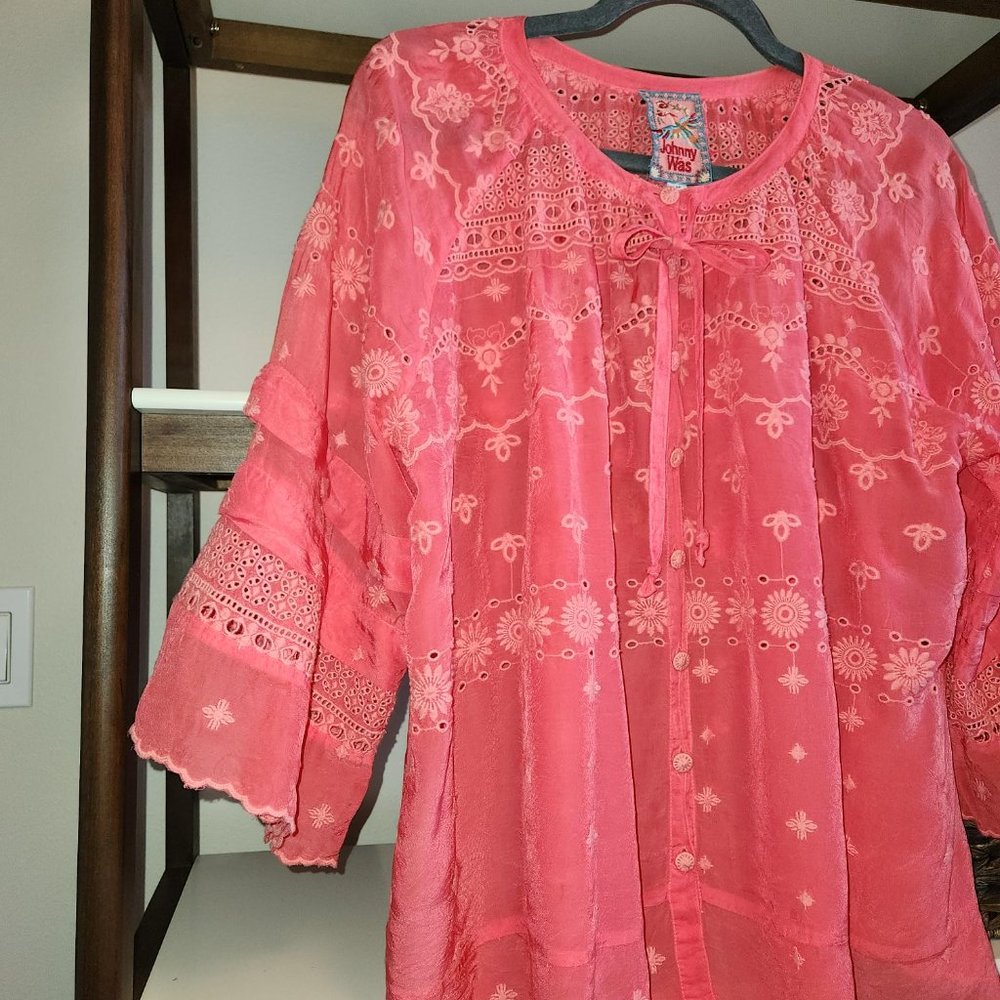 Johnny Was, Medium, 3/4 sleeves, Pheasant, coral, orange, Spring, Summer, Blouse